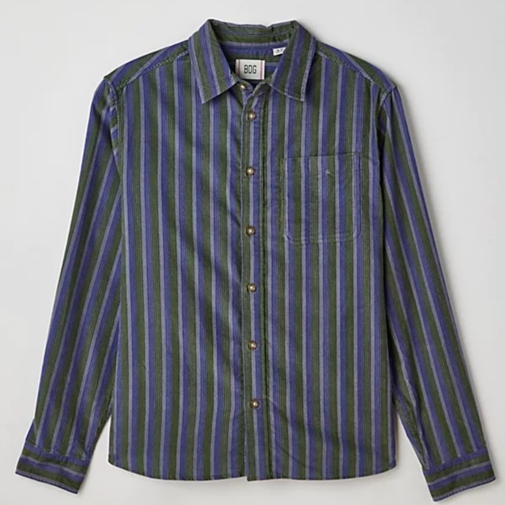 BDG Men's Corduroy Green and Blue Striped Shirt_Large